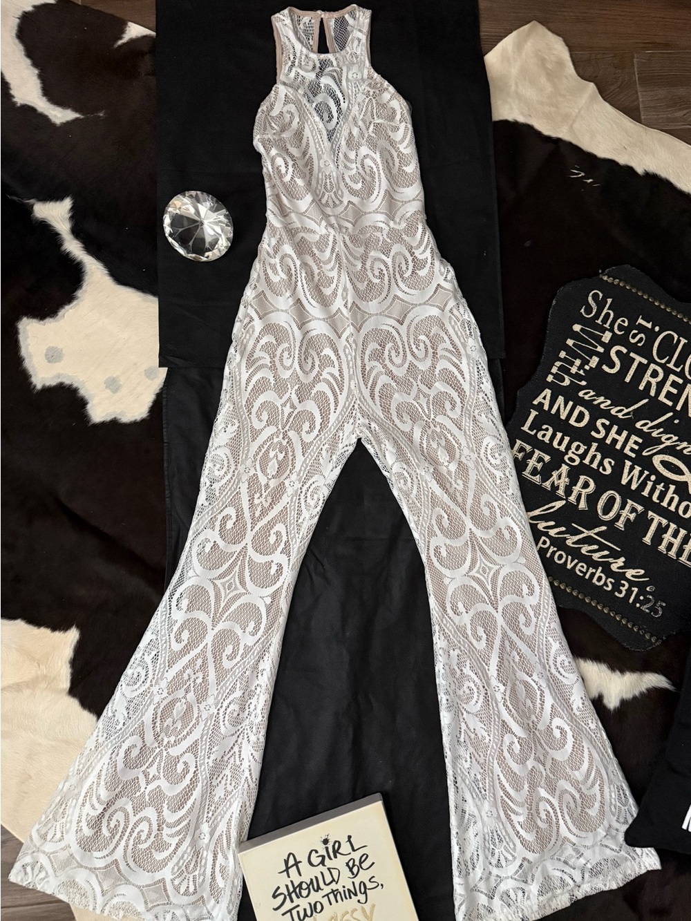 cameo White Lace Halter Romper Jumpsuit with Flared Legs